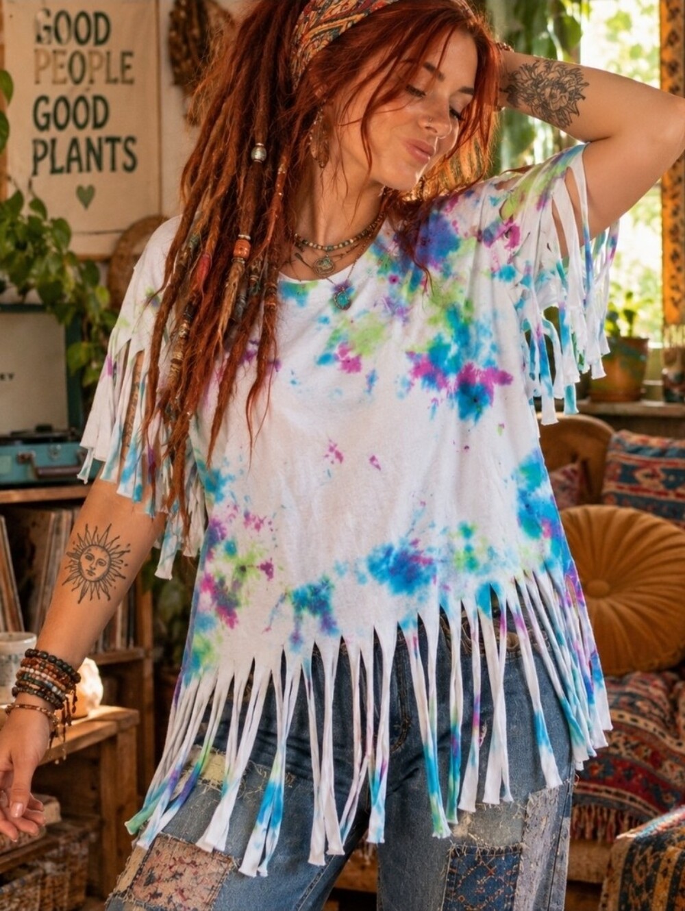 4/$15 Gildan L Colorful Tie Dye Fringe Tee | Reworked Boho Festival Top